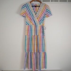 J. Crew Seersucker Midi Wrap Dress Size 4 Rainbow Stripe Flirty Preppy Vacation